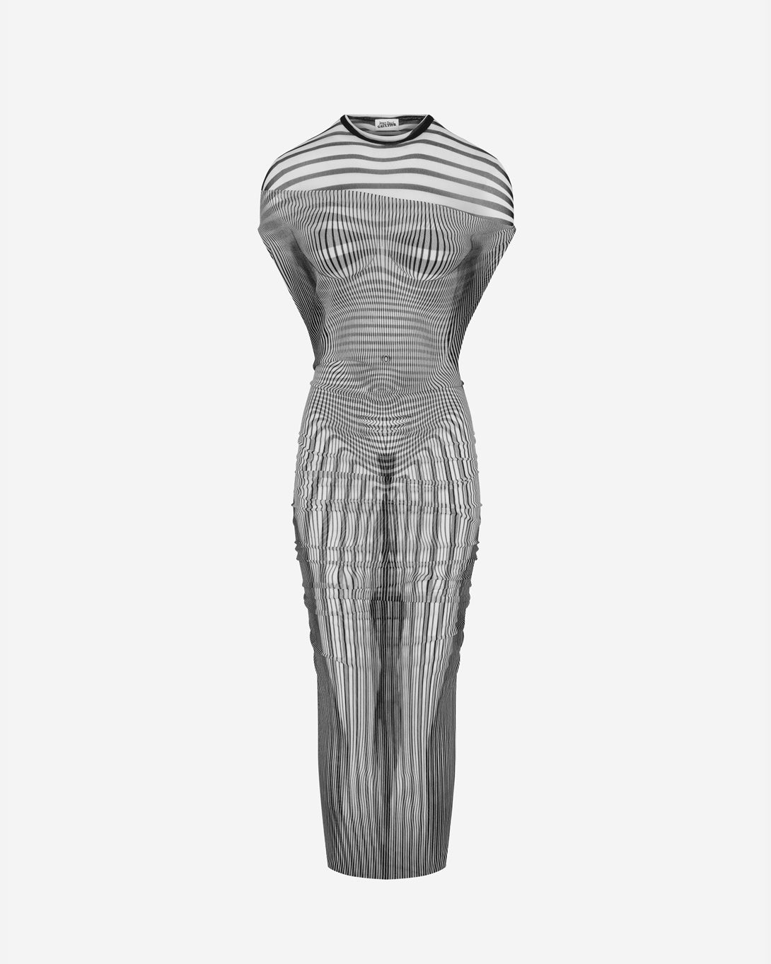 Mesh Long Dress Double Layer Printed "Pinstripe Body Morphing" And "Mariniere Body Morphing" - Jean Paul Gaultier - Elevastor