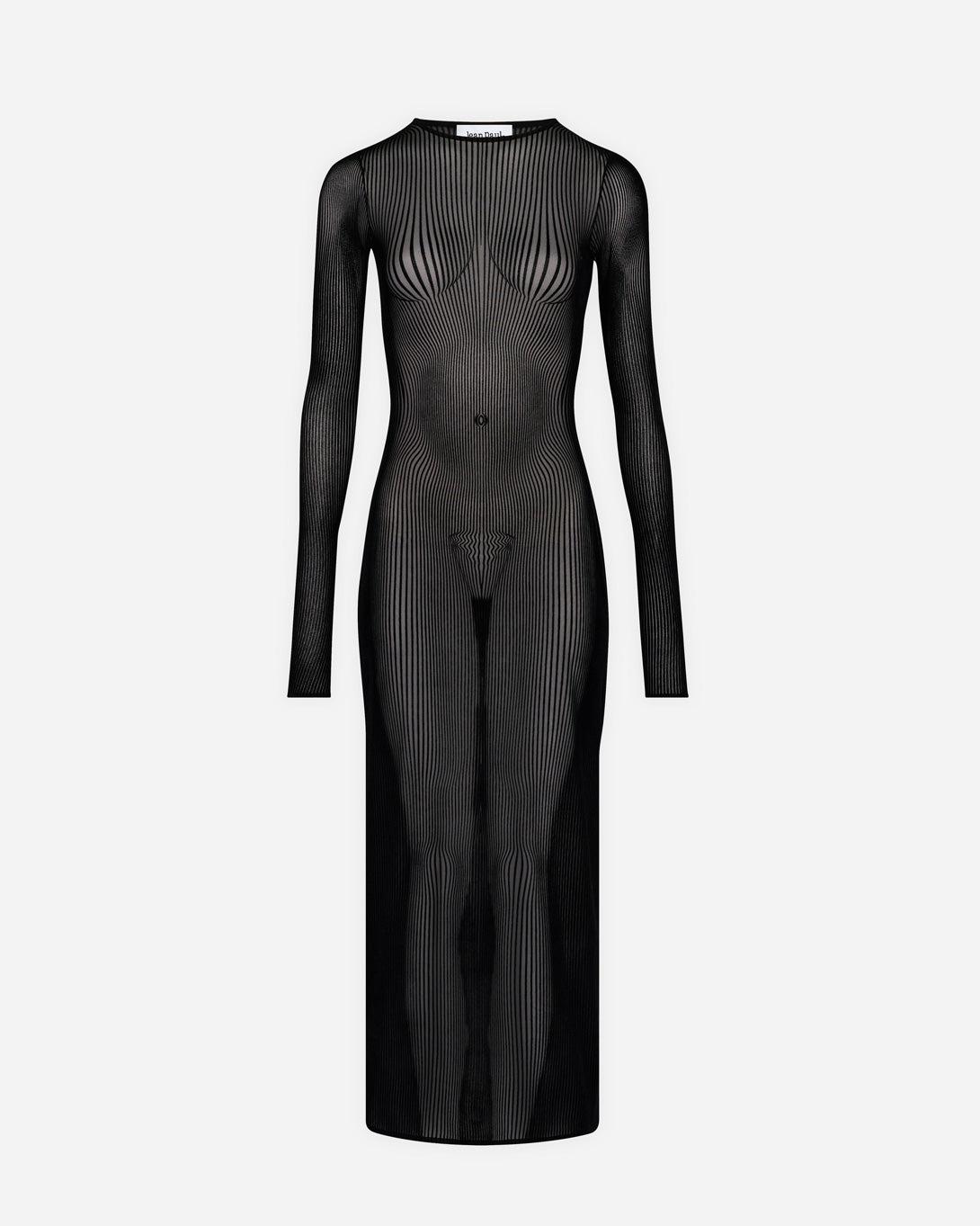 Mesh Long Dress Flocked "Morphing Pinstripes" - Jean Paul Gaultier - Elevastor