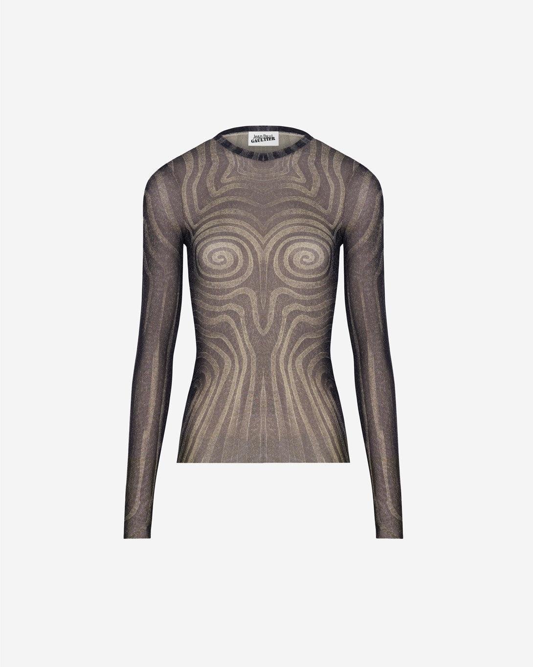 Mesh Long Sleeves Top Printed "Spiral" - Jean Paul Gaultier - Elevastor