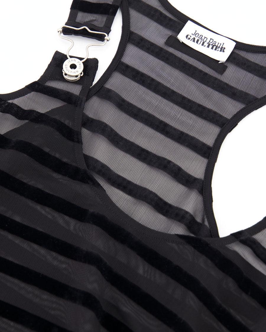 Mesh Tank Top Long Dress Flocked "Mariniere" With Salopette Detail - Jean Paul Gaultier - Elevastor