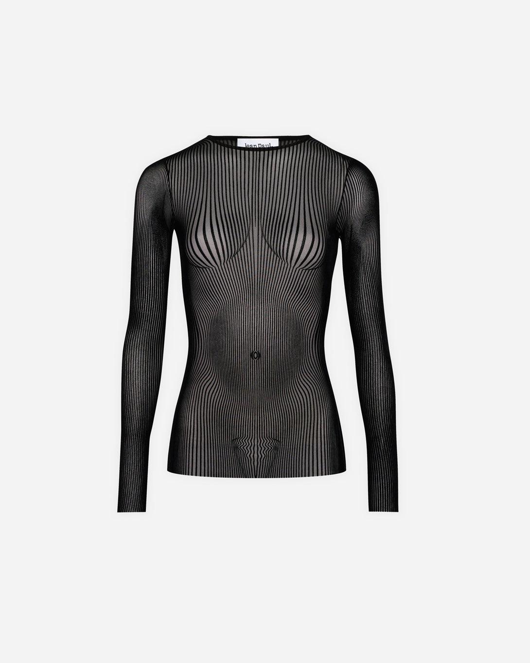 Mesh Long Sleeve Top Flocked "Morphing Pinstripes" - Tops - Jean Paul Gaultier - Elevastor