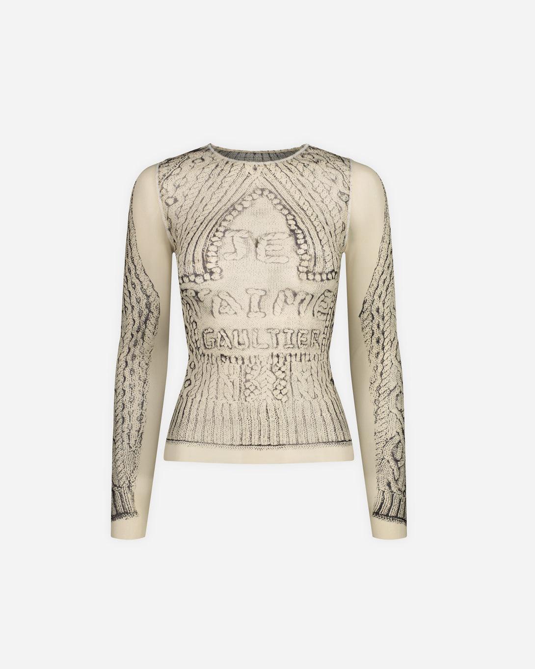 Mesh Long Sleeve Top Printed "Pull Je T'Aime" - Tops - Jean Paul Gaultier - Elevastor