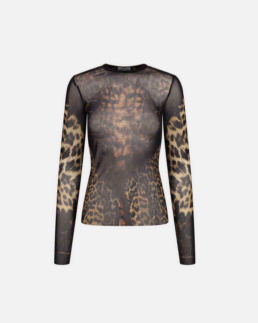 Mesh Long Sleeve Top Printed "Leopard" With Lace Label - Tops - Jean Paul Gaultier - Elevastor